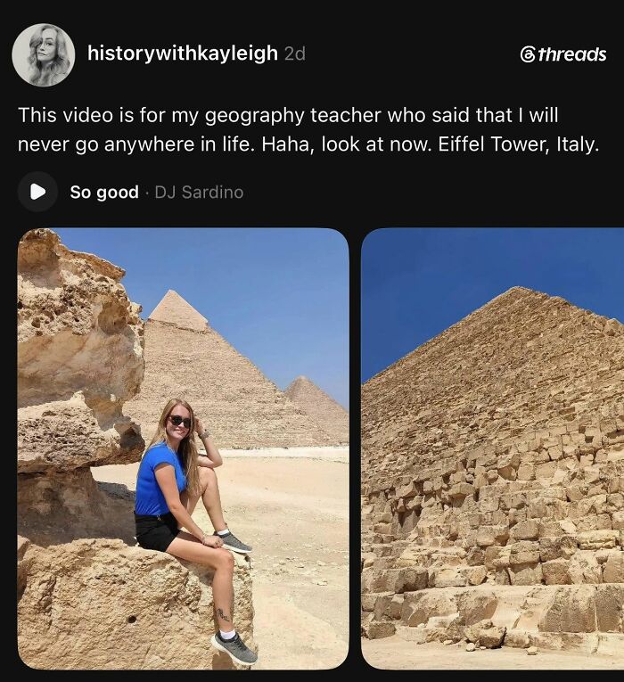 A social media post where a user claims to be at the Eiffel Tower, Italy, with images of the Egyptian pyramids, showcasing cultural decline.