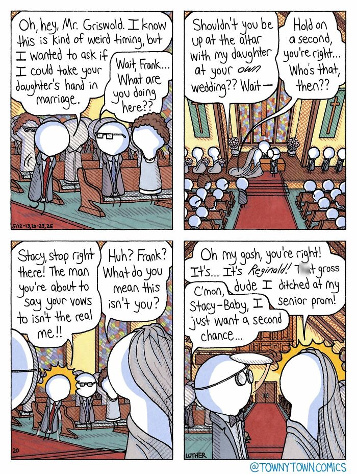 A comic depicting ridiculous everyday life in the US Midwest, showing a wedding interrupted by an ex-boyfriend.
