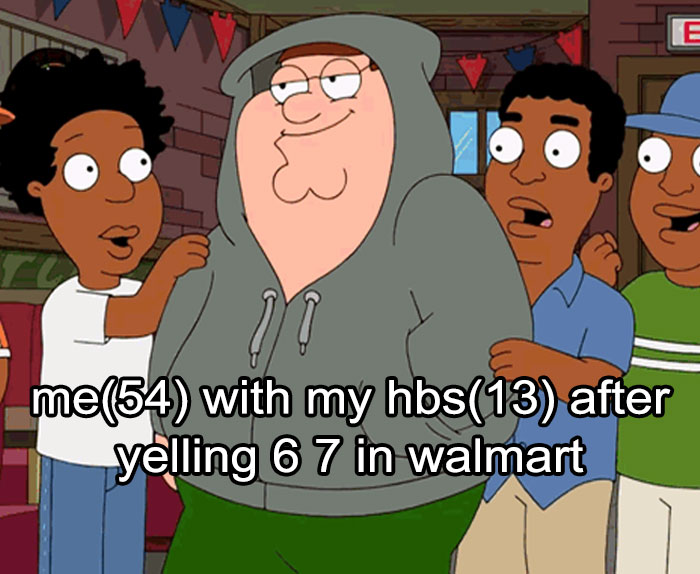 An unhinged meme with Peter Griffin and other characters with text overlay, portraying a cringe moment in Walmart.
