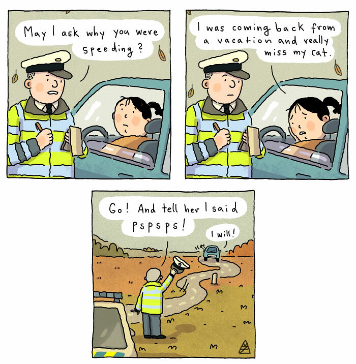 A funny comic strip showing a police officer giving a woman a warning for speeding because she missed her cat.