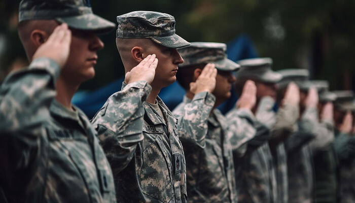 Soldiers in uniform saluting, representing jobs guys have that make women swipe left.