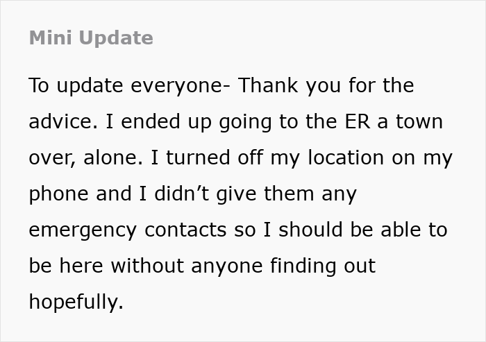 A teen provides a mini update after escaping her controlling mom, seeking medical help for her body. A teen provides a mini update after escaping her controlling mom, seeking medical help for her body.