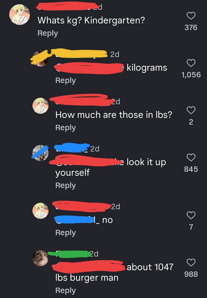 Screenshot of online comments proving people from the US are very confused about measurement units.