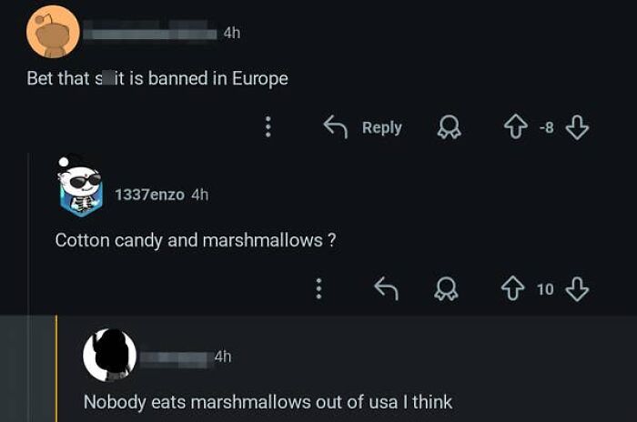 Screenshot of Reddit comments showing American confusion about marshmallows and European food bans.