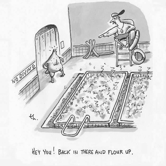 A single-panel cartoon by Tim Haggerty showing a chicken about to jump into a deep fryer, with a lifeguard. This cartoon displays sharp humor.