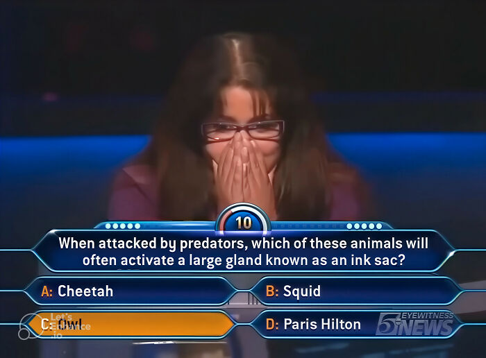 A contestant on Who Wants To Be A Millionaire gives a dumb answer for an animal that uses an ink sac.