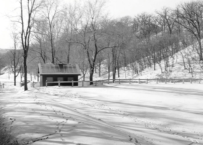 A snow-covered landscape with bare trees and a small building, where a track star was found slain. A snow-covered landscape with bare trees and a small building, where a track star was found slain.