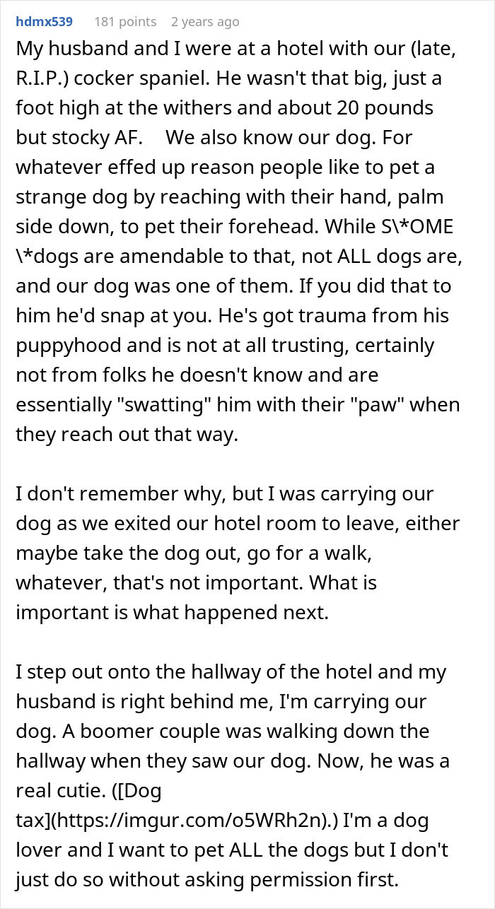 A boomer couple approaches a dog, illustrating how xenophobic remarks and disregard for personal space are weaponized against them. A boomer couple approaches a dog, illustrating how xenophobic remarks and disregard for personal space are weaponized against them.