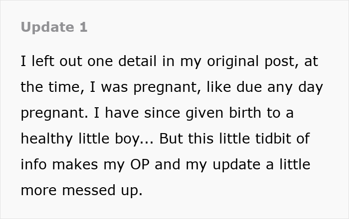 Screenshot of text: a pregnant wife gives birth to a healthy little boy, making the guy's actions more messed up. Screenshot of text: a pregnant wife gives birth to a healthy little boy, making the guy's actions more messed up.