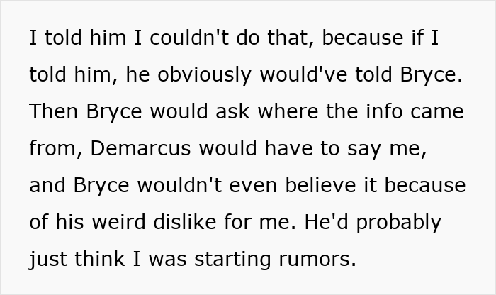 Text snippet explaining why a guy couldn't expose an acquaintance's cheating GF, fearing it would seem like rumors.