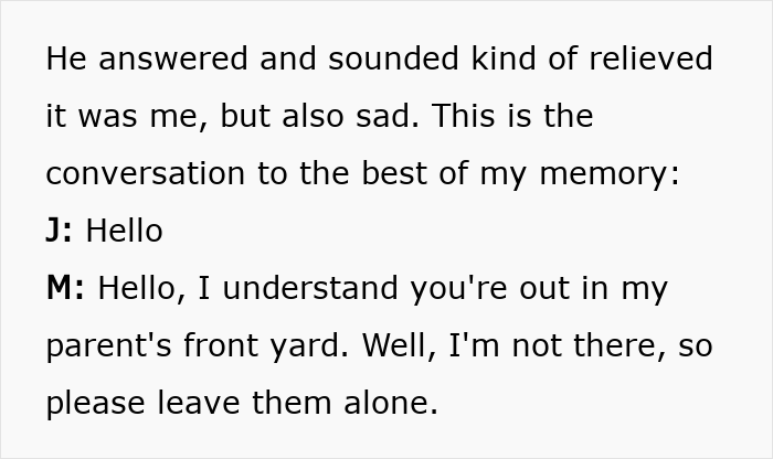 Conversation between M and J, with M telling J to leave her parents alone, related to a mother-in-law situation.