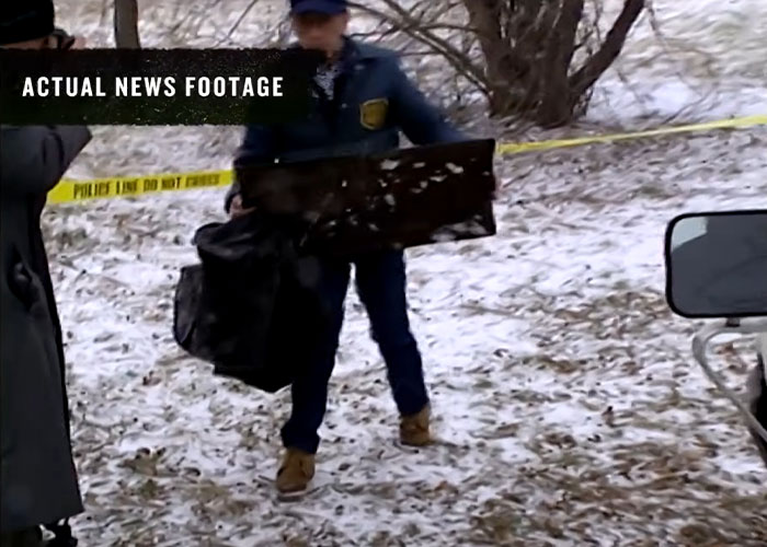 Police at a crime scene in a snowy, wooded area, investigating the slain track star case. Police at a crime scene in a snowy, wooded area, investigating the slain track star case.