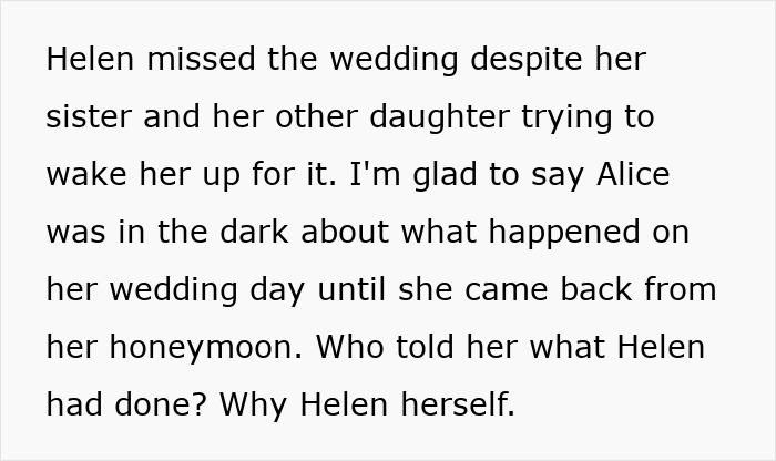 MIL sabotages the wedding. Alice remains unaware of her MIL's sabotage on her wedding day until after her honeymoon. MIL sabotages the wedding. Alice remains unaware of her MIL's sabotage on her wedding day until after her honeymoon.
