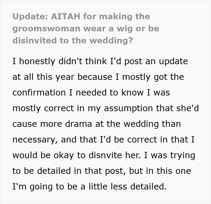 Text about a woman's scary fixation over a groom and an unsettling turn a year later, absolutely unhinged.