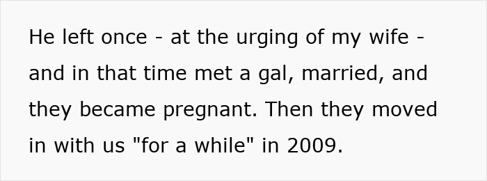 Screenshot of text about a man's wife urging their son to move out. Screenshot of text about a man's wife urging their son to move out.