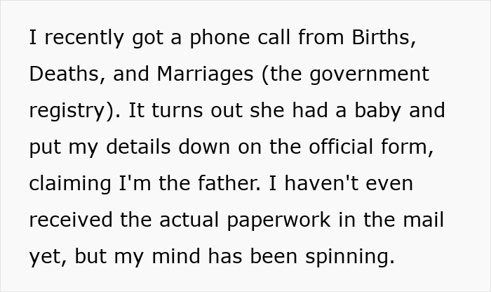 Text about an ex using official paperwork to name a man as baby's dad after disappearing. Text about an ex using official paperwork to name a man as baby's dad after disappearing.