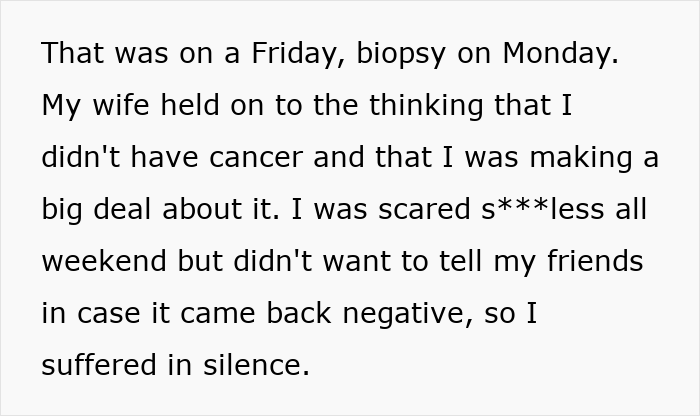 A man horrified by his cancer diagnosis while his postpartum wife still expects him to slog at home.