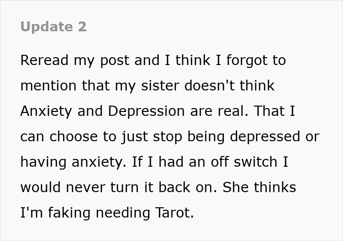 Text about a sister's disbelief in anxiety and depression, and faking needing a service dog for the wedding event.