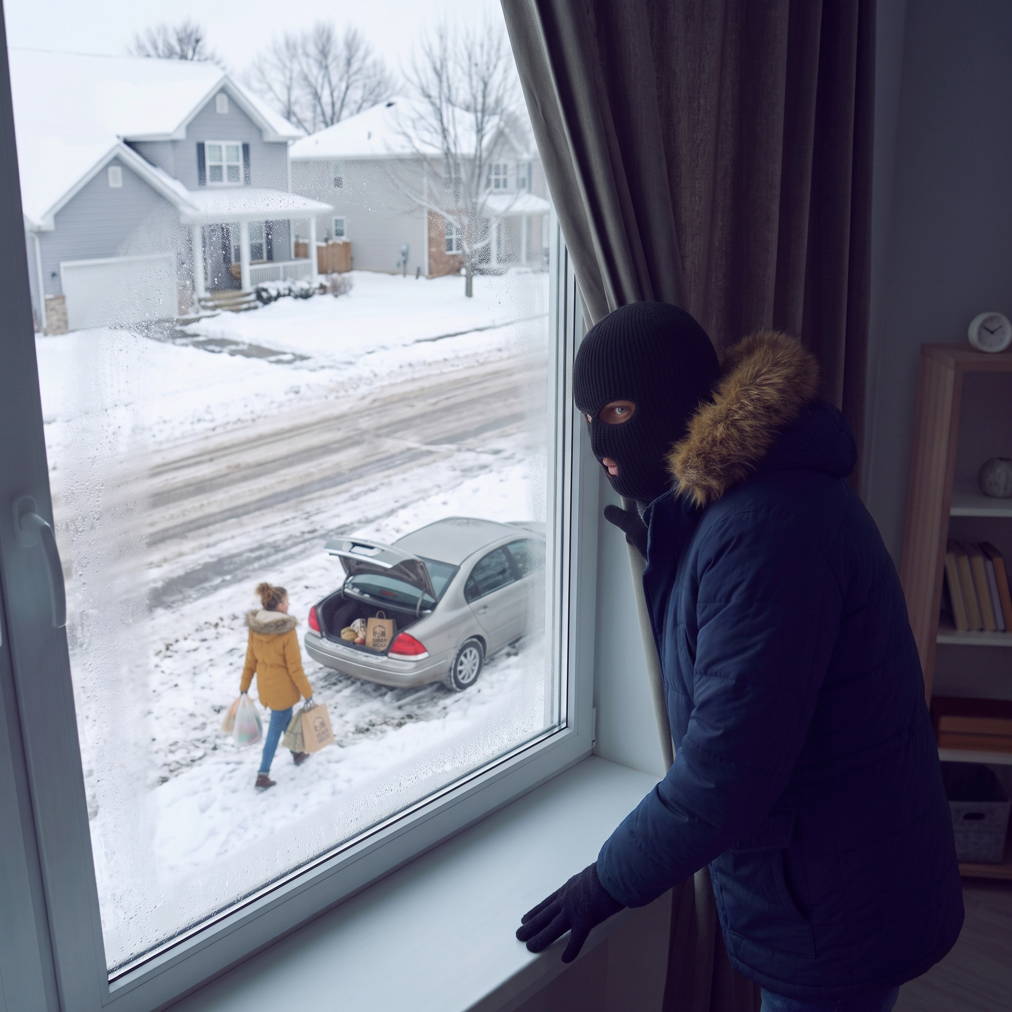 A person in a ski mask looking out a window at a woman dealing with her nightmare neighbor.