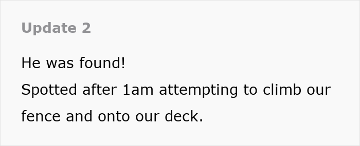 A text update confirming the lost cat was found attempting to climb a fence, after a house sitter incident.