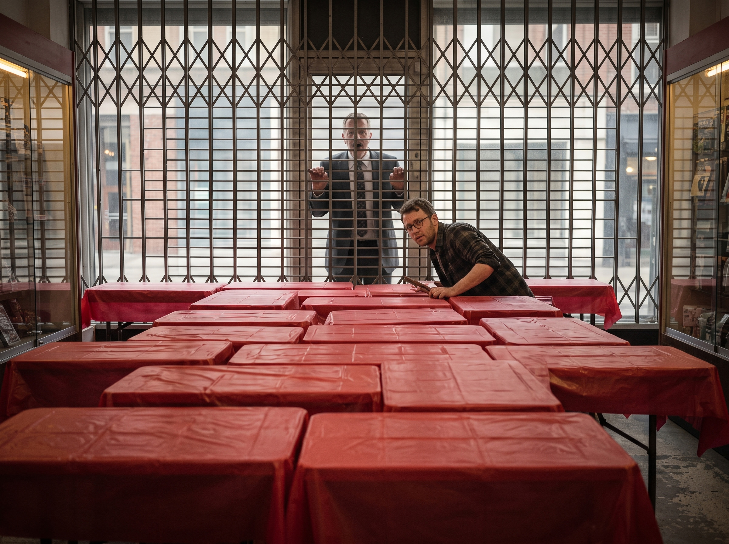 Two men, one inside among many tables, the other outside behind a grill shutter, demonstrating the boss's stupid idea preventing customers. Two men, one inside among many tables, the other outside behind a grill shutter, demonstrating the boss's stupid idea preventing customers.