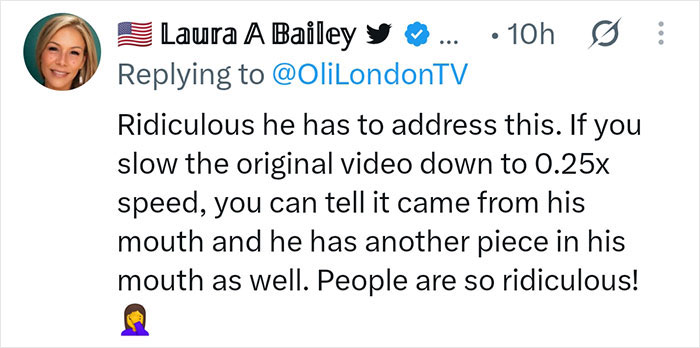 A social media comment from Laura A Bailey replying to @OliLondonTV, discussing Robbie Williams' World Cup moment. A social media comment from Laura A Bailey replying to @OliLondonTV, discussing Robbie Williams' World Cup moment.