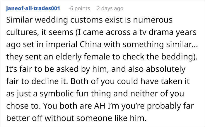 A comment discussing wedding customs and the choice to get married or not.