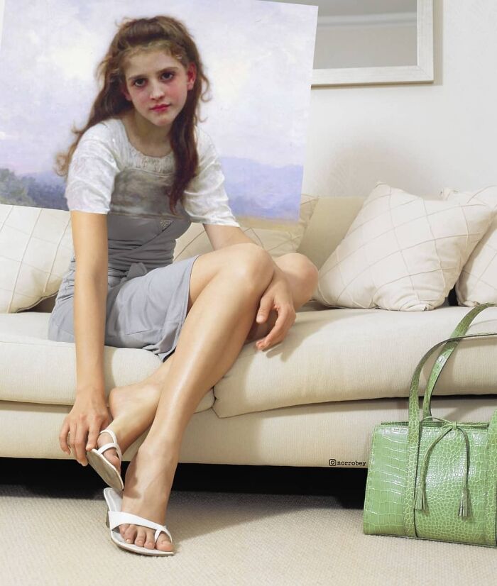 Digital artist blends famous movies with classical art, a young woman with a painted head on a modern couch, movie mashups.