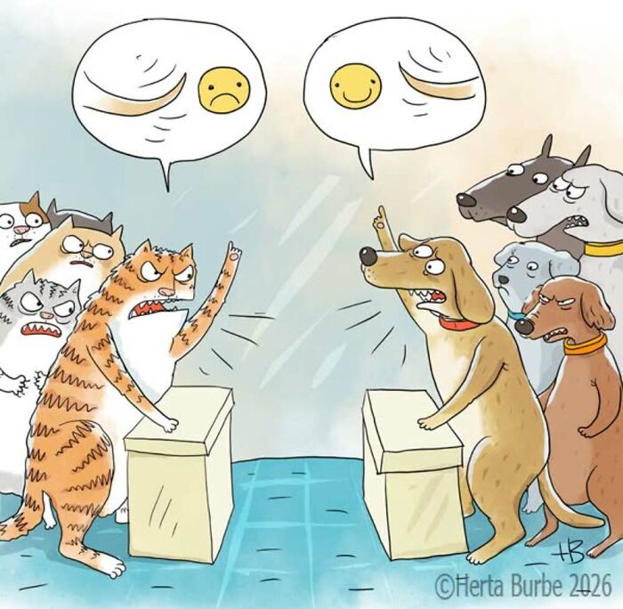 Herta Burbė comic illustration: Cats and dogs in a debate, with thought bubbles showing sad and happy faces.