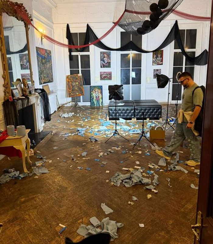 Room aftermath of the baby shower scandal, with confetti and debris on the floor. Room aftermath of the baby shower scandal, with confetti and debris on the floor.