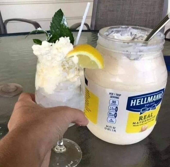 A bizarre drink next to a jar of mayonnaise, showcasing a ridiculous post.