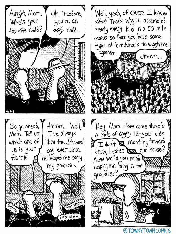 A comic where a son gathers a mob of children for his mother to pick a favorite child, illustrating everyday life in the US Midwest.