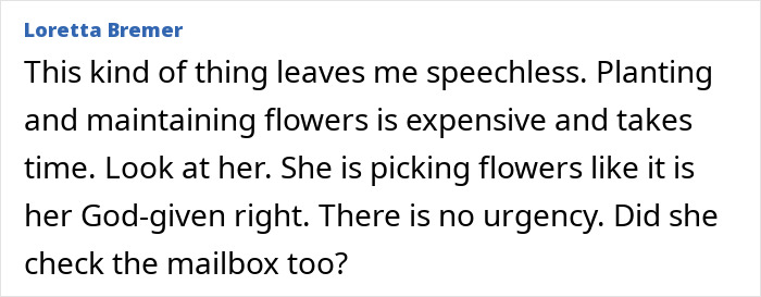 Loretta Bremers comment on the entitled neighbor treating a man's garden like a free florist, caught redhanded on camera.