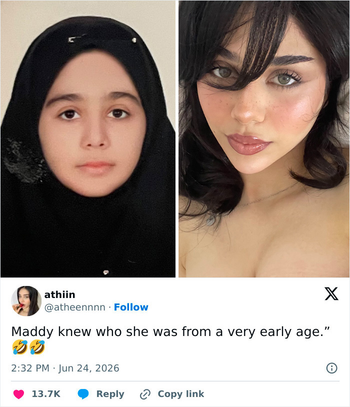 Side-by-side: a young girl in a black hijab and a woman with an open neckline, showing women letting go of the hijab.
