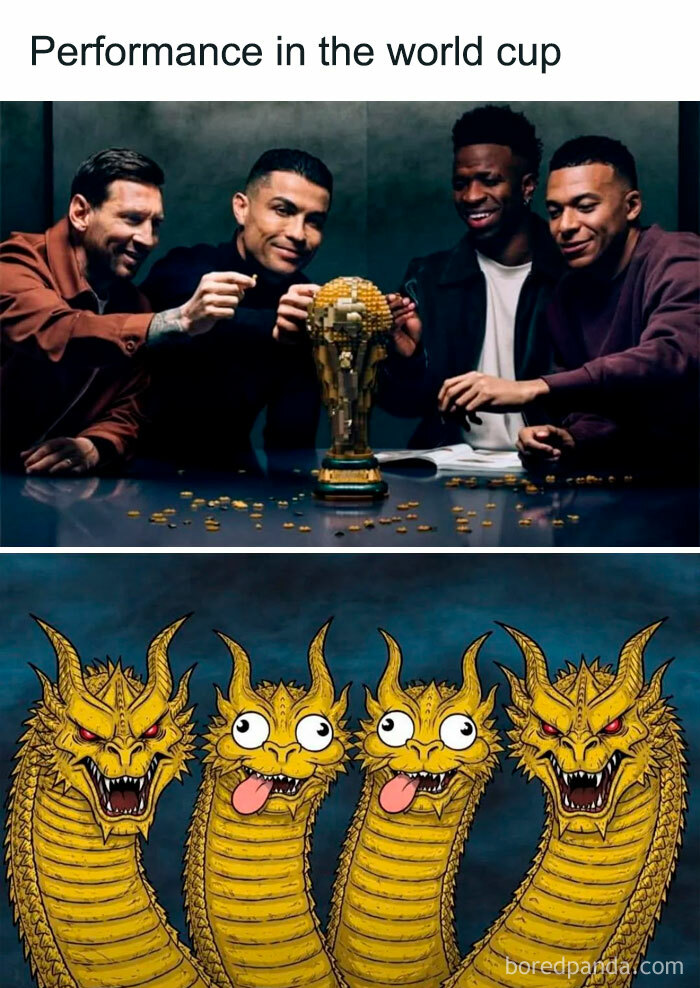 A split World Cup meme; top shows footballers with a trophy, bottom shows goofy hydra heads, symbolizing World Cup 2026 memes.