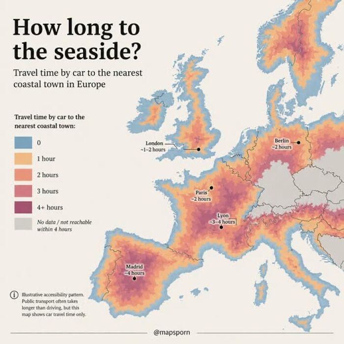 Bizarre map illustrating car travel time to the nearest coastal town across Europe, highlighting accessibility.