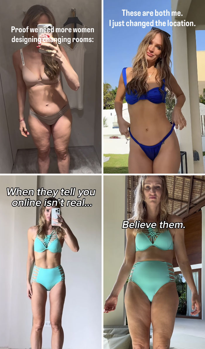 Influencers expose Instagram vs reality in posts promoting body positivity by revealing how lighting and angles affect photos.