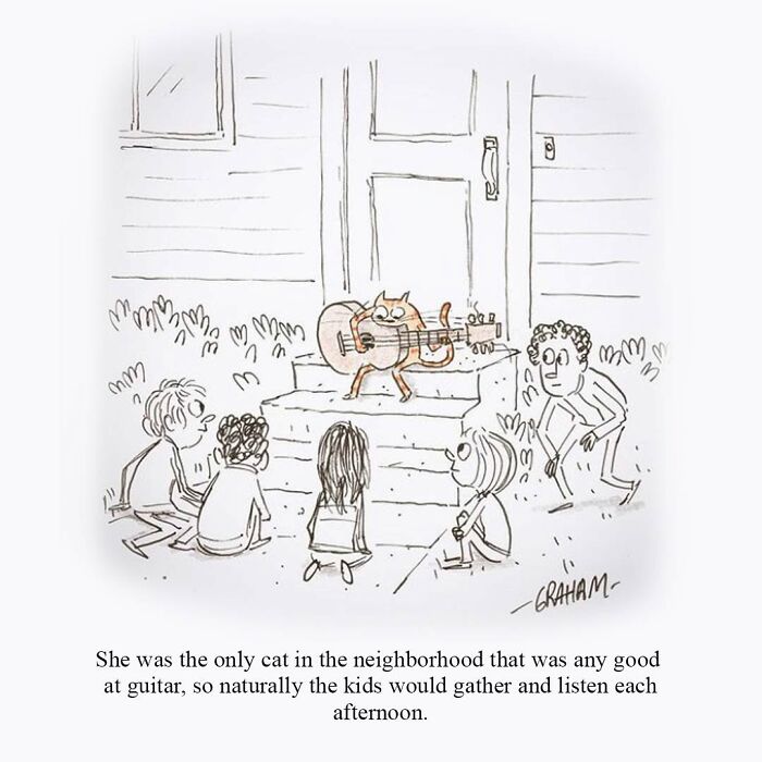 A delightfully weird cat comic of a cat playing guitar for children, capturing why felines rule the internet.