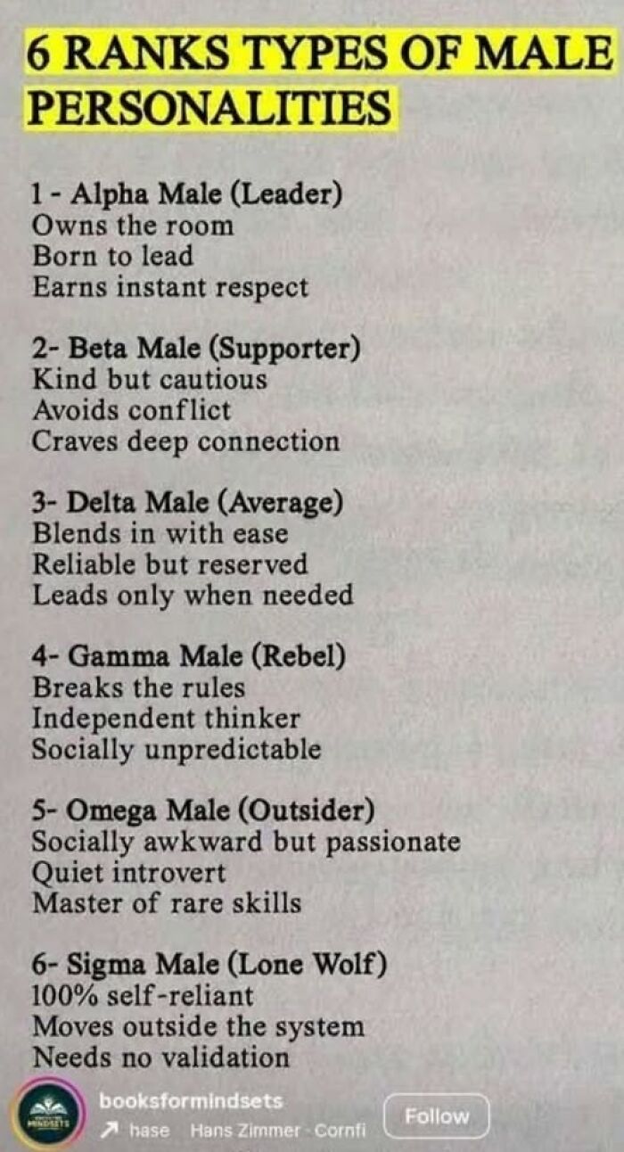 A chart of male personalities, used as a funny example of how some guys think highly of themselves, ranking traits.