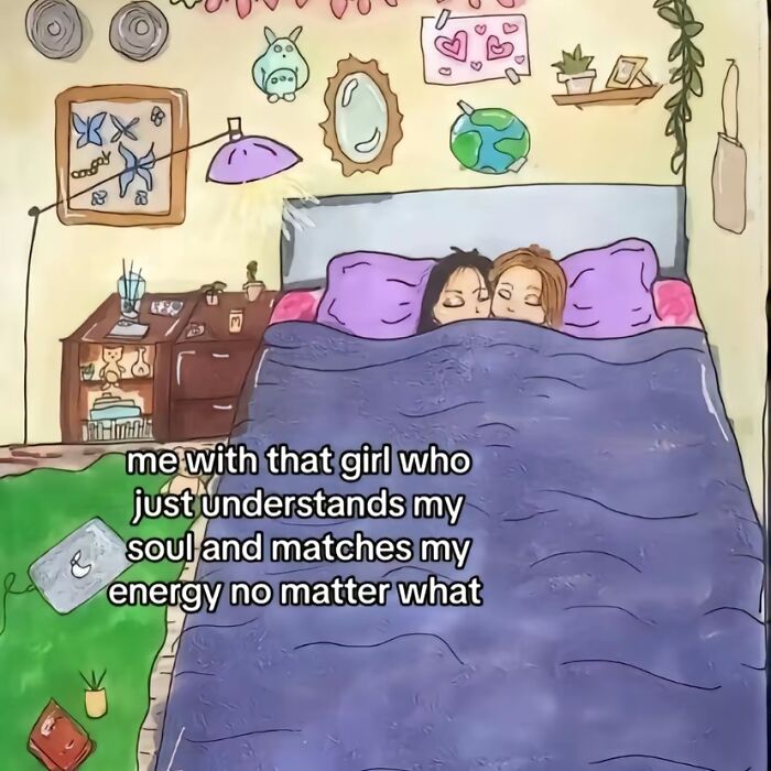 Entertaining meme illustration of two girls in bed, signifying a deep, understanding, and relatable connection.