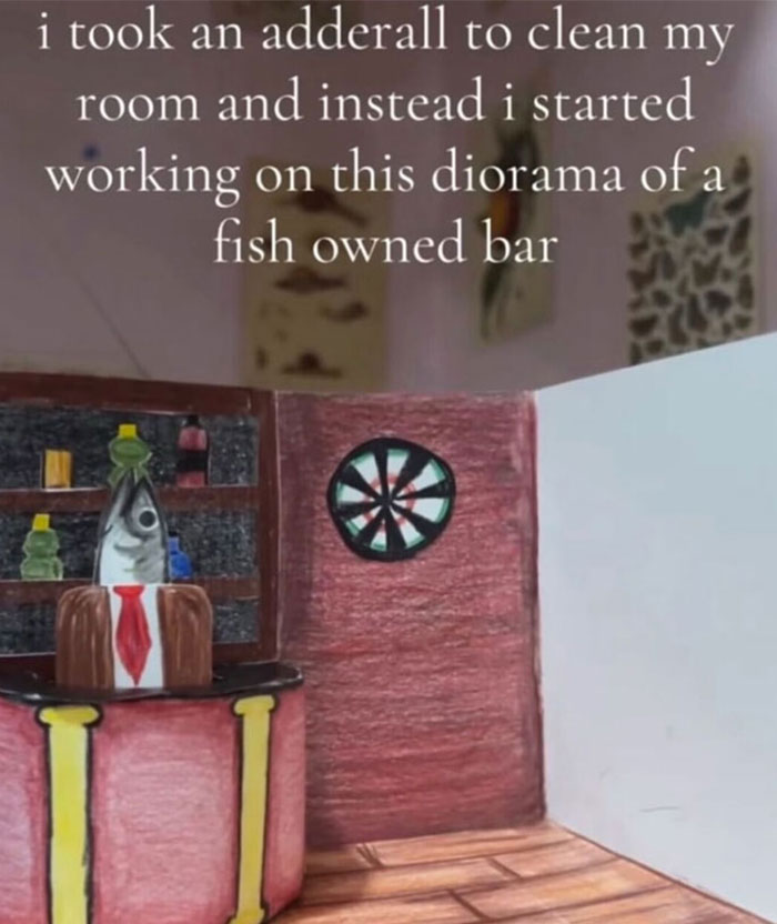 An absurd screenshot of a diorama of a fish-owned bar with a fish wearing a tie behind a counter.