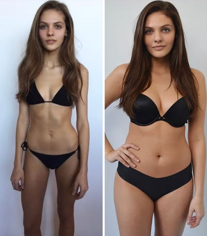 A woman displays her significant weight gain transformation in black lingerie, emphasizing her enhanced figure.