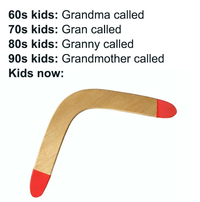 A cringe meme contrasting how kids from different decades refer to their grandmother, ending with a boomerang image for kids now.