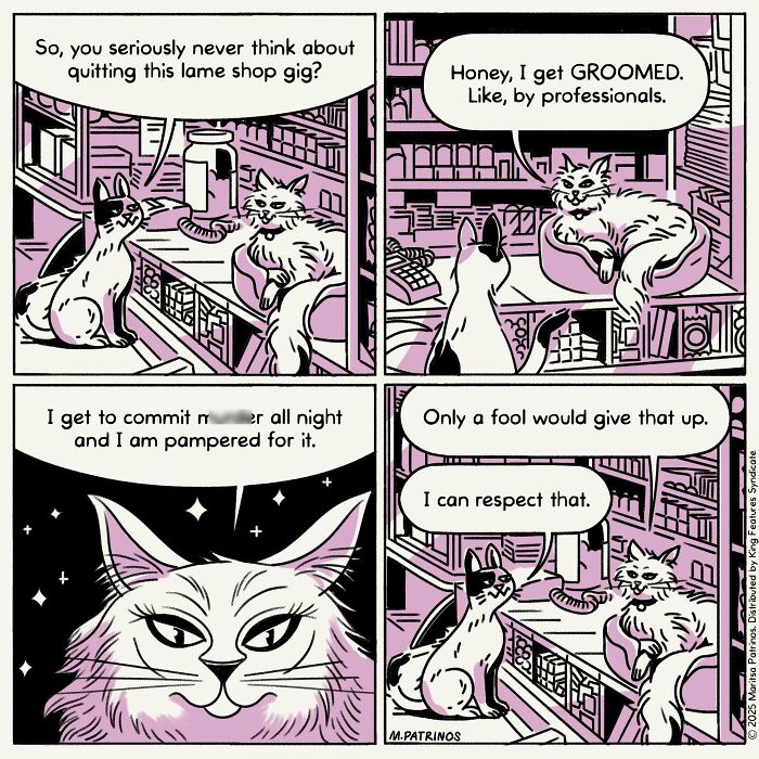 A comic panel showing cats with jobs, two cats discuss the benefits of being groomed and pampered.