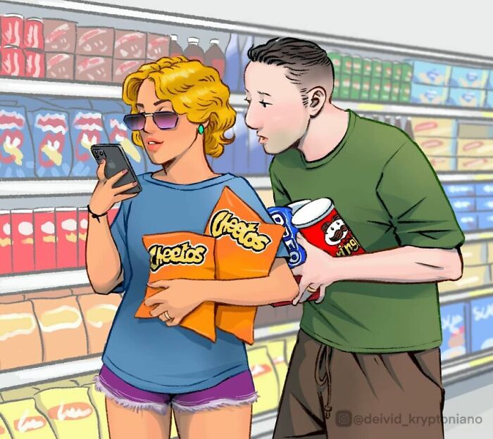 An artist's reimagining of Doug Funnie and Patti Mayonnaise as adults, grocery shopping for snacks in a supermarket.
