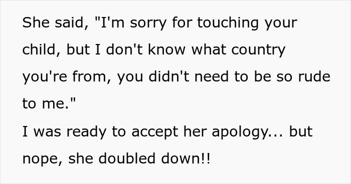 A boomer stomps away in defeat after her xenophobic remarks are weaponized against her. A boomer stomps away in defeat after her xenophobic remarks are weaponized against her.