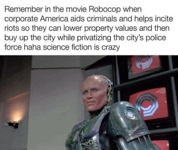 Robocop meme highlighting corporate influence in the '80s and '90s superior decades.