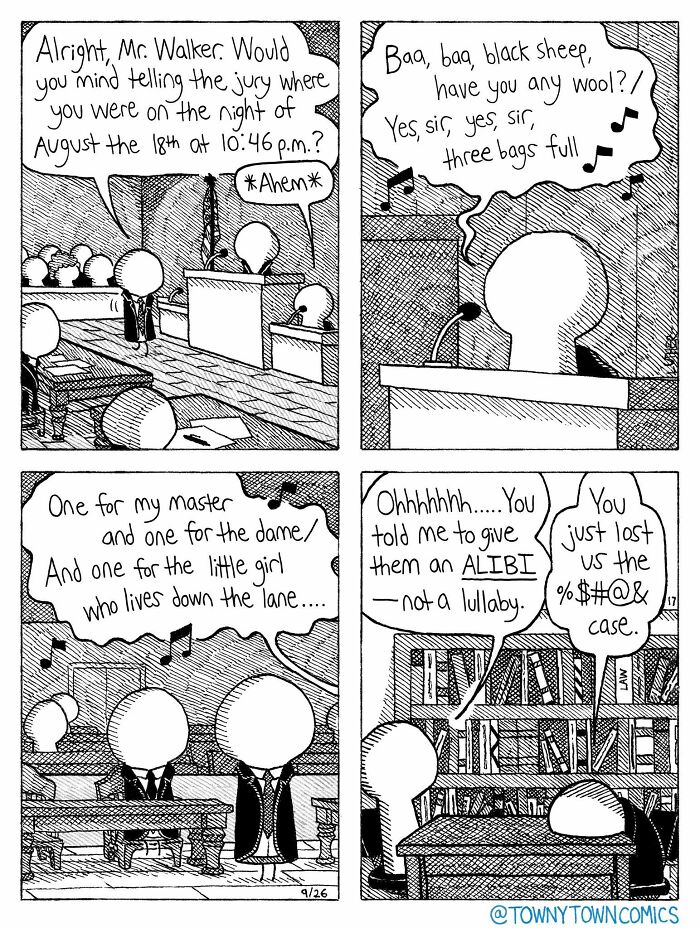 A comic depicting ridiculous everyday life in the US Midwest, showing a courtroom scene with a witness singing a lullaby.