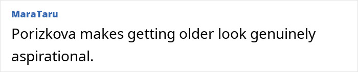 A text box showing a comment about the model: Porizkova makes getting older look genuinely aspirational.