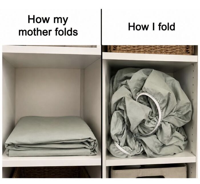 A relatable meme comparing neatly folded sheets to a messy pile, boosting morale with humor.